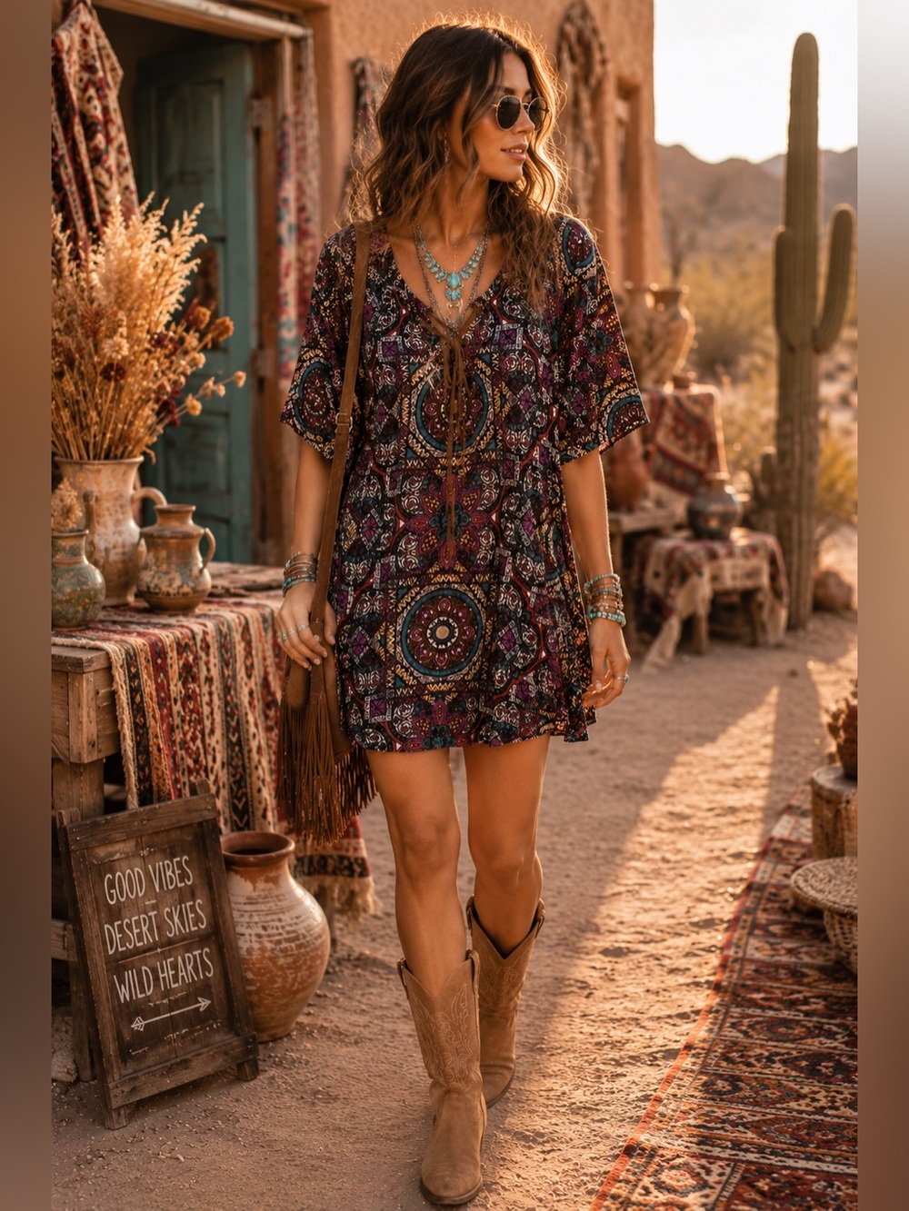 Uncle Frank Boho Medallion Print Tunic Dress Oversized Flowy Sleeve Mini Dress